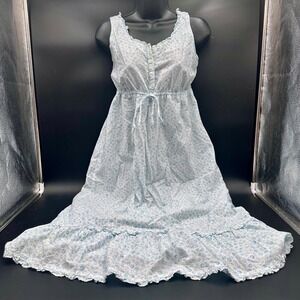 Laura Ashley Nightgown Dress Light Blue Floral Cotton Ruffle Drawstring Waist